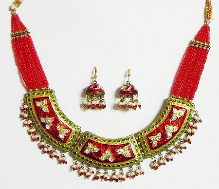 Red and Green with Golden Meenakari Necklace Set