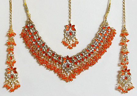 Saffron and White Stone Studded Necklace with Earrings and Maang Tikka