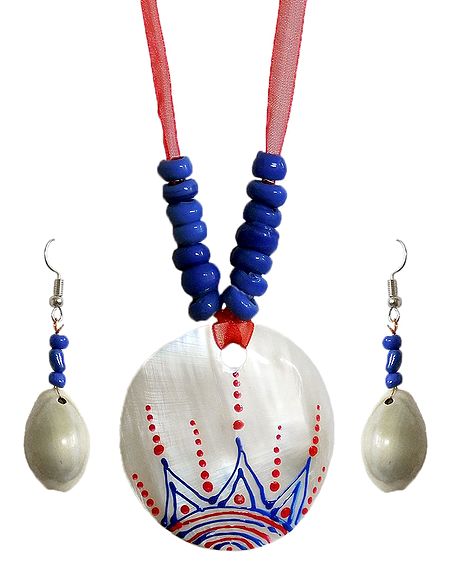 Blue Bead Necklace with Painted Shell Pendant and Adjustable Red Ribbon