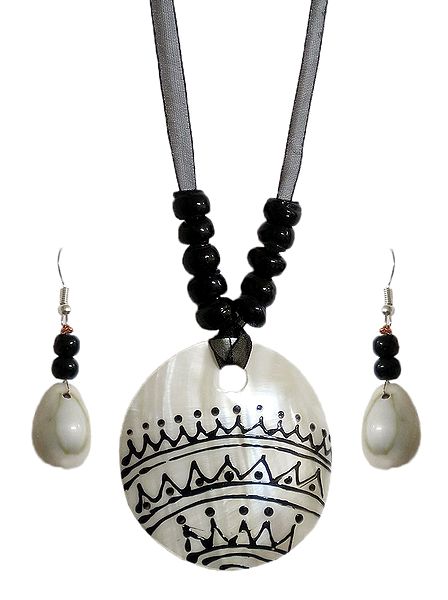 Black Bead Necklace with Painted Shell Pendant and Adjustable Black Ribbon
