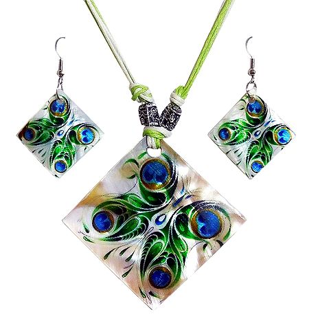 Peacock Feather Square Shell Pendant Set