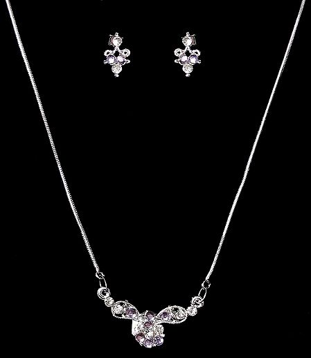 Silver Color Chain with Stone Setting Pendant and Earrings