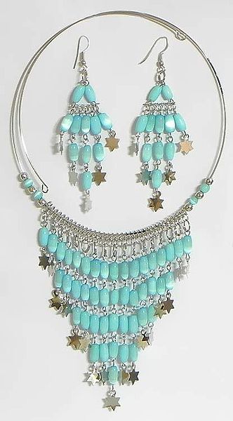 Cyan Blue Beaded Spring Necklace with Jhalar Pendant and Earrings