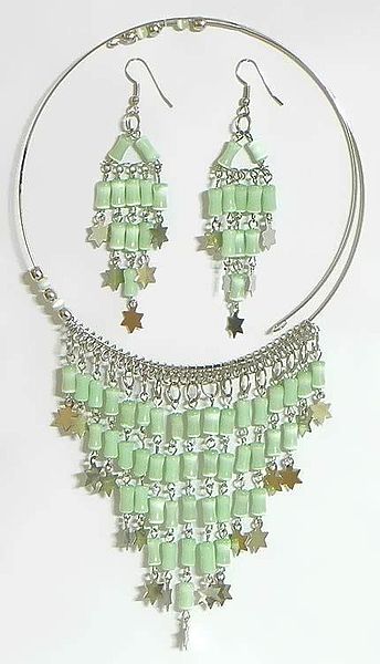 Light Green Beaded Spring Necklace with Jhalar Pendant and Earrings