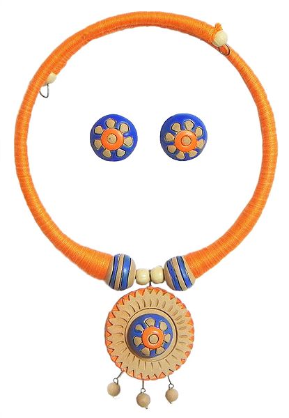Saffron Threaded Spring Necklace with Hand Painted Terracotta Pendant and Earrings