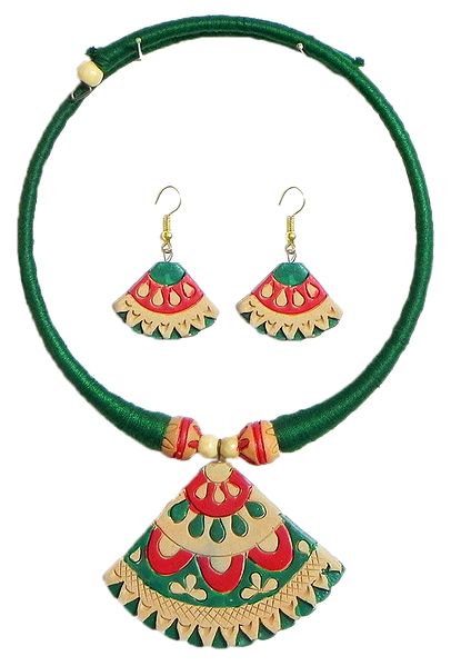 Green Threaded Spring Necklace with Hand Painted Terracotta Pendant and Earrings