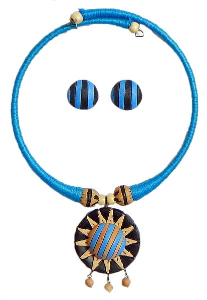 Blue Threaded Spring Necklace with Hand Painted Terracotta Pendant and Earrings