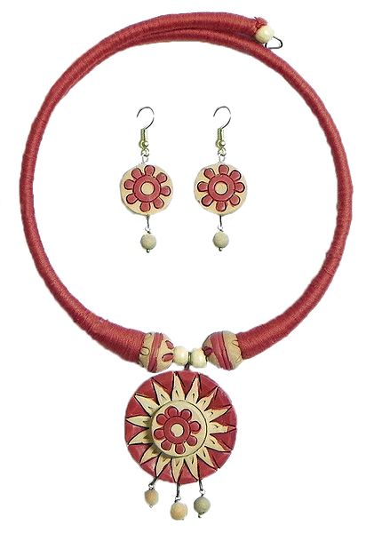 Red Threaded Spring Necklace with Hand Painted Terracotta Pendant and Earrings
