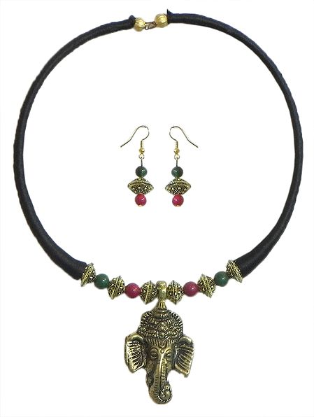 Dhokra Spring Necklace Set with Ganesha Pendant