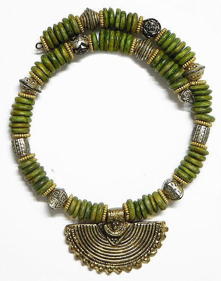 Olive Green and White Metal Wheel Bead Spring Necklace 