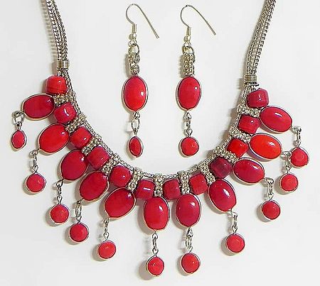 Red Stone Studded Necklace with Earrings