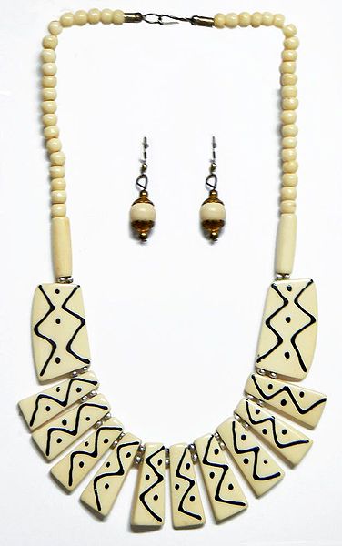 Off-White with Black Paint Stone Necklace and Earrings