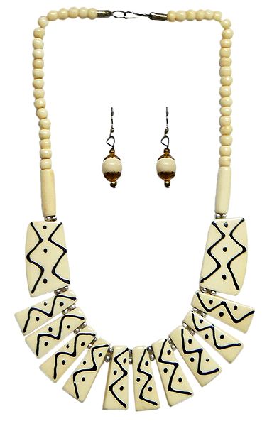 Off-White with Black Paint Stone Necklace and Earrings