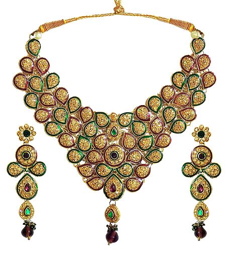 Faux Citrine, Amethyst and Emerald Studded Lacquered Necklace Set