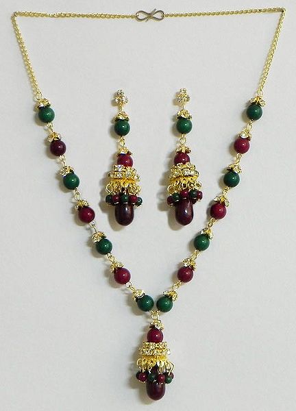 Green and Maroon Bead Necklace with Earrings