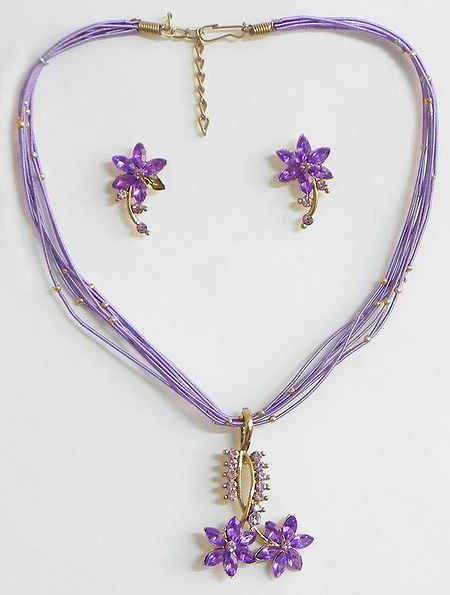 Purple Thread Necklace with Purple stone Studded Pendant and Earrings