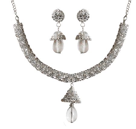 White Stone Studded Necklace with Earrings