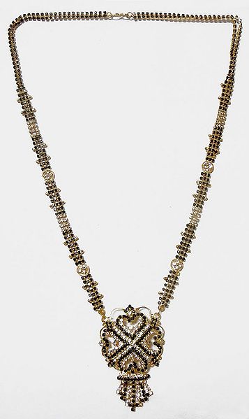 Gold Plated Faux Zirconia and Black Onyx Studded Mangalsutra with Pendant of Four Hearts
