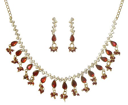 Red and White Stone Studded Necklace and Earrings