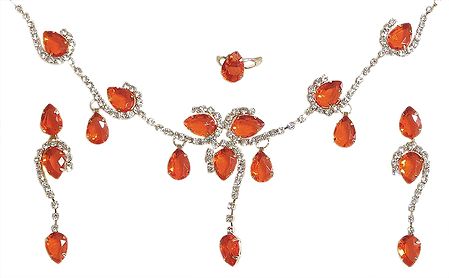 Drops of Fire - Stone Studded Party Necklace with Earrings and Ring