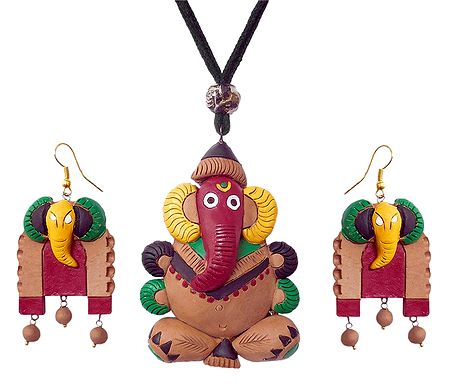 Black Cord Necklace with Terracotta Ganesha Pendant and Earrings