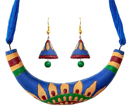Hand Painted Terracotta Hansuli Necklace and Earrings
