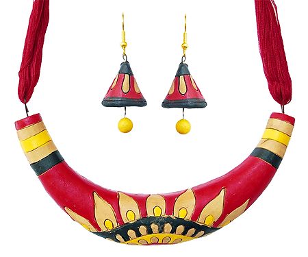 Hand Painted Terracotta Hansuli Necklace and Earrings