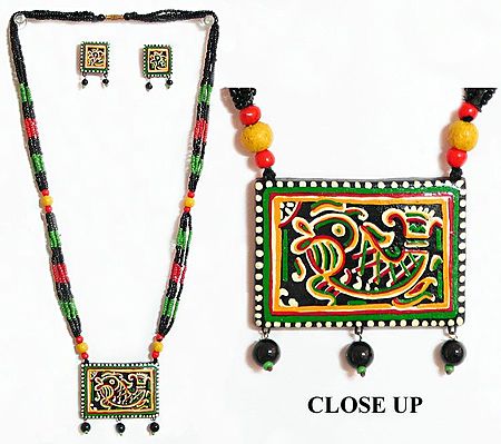 Hand Painted Terracotta Pendant and Earrings with Wooden Bead Necklace