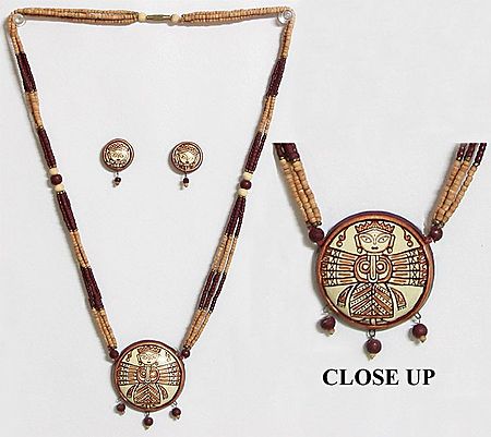 Wooden Bead Necklace with Hand Painted Durga on Terracotta Pendant and Earrings