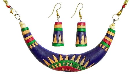 Hand Painted Multicolor Design on Dark Blue Terracotta Hansuli Necklace and Earrings