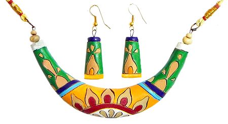 Hand Painted Multicolor Design on Yellow Terracotta Hansuli Necklace and Earrings