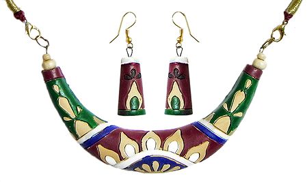 Hand Painted Multicolor Design on Maroon Terracotta Hansuli Necklace and Earrings