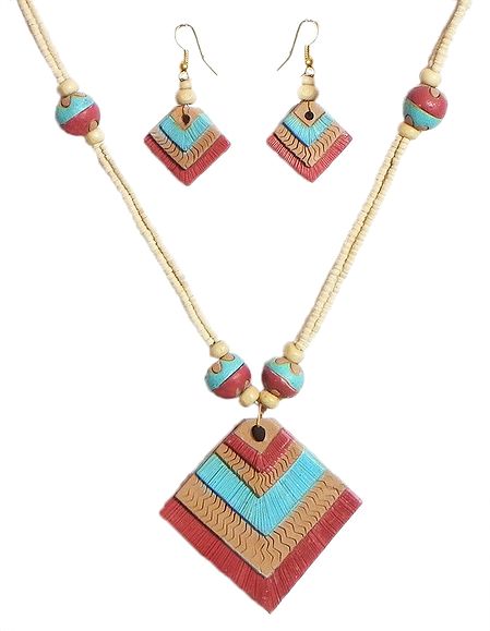 Tulsi Bead Necklace with Hand Painted Blue,Rust with Beige Terracotta Pendant and Earrings