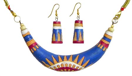 Hand Painted Multicolor Design on Blue Terracotta Hansuli Necklace and Earrings