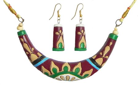 Hand Painted Multicolor Design on Maroon Terracotta Hansuli Necklace and Earrings