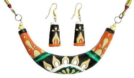 Hand Painted Multicolor Design on Black Terracotta Hansuli Necklace and Earrings