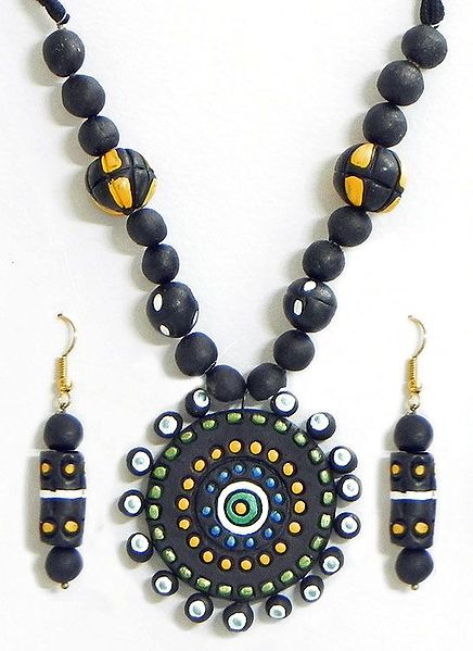Hand Painted on Black Terracotta Bead Necklace with Round Pendant and Earrings