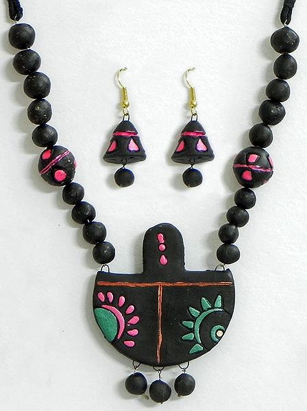Hand Painted Black Bead Necklace with Designer Pendant and Jhumka Earrings