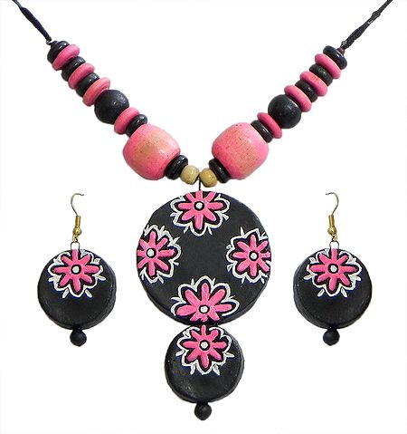 Wooden Bead Necklace with Hand Painted Pink Flower on Black Terracotta Pendant and Earrings