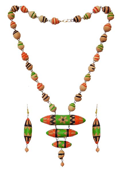 Hand Painted Terracotta Bead Necklace and Earrings