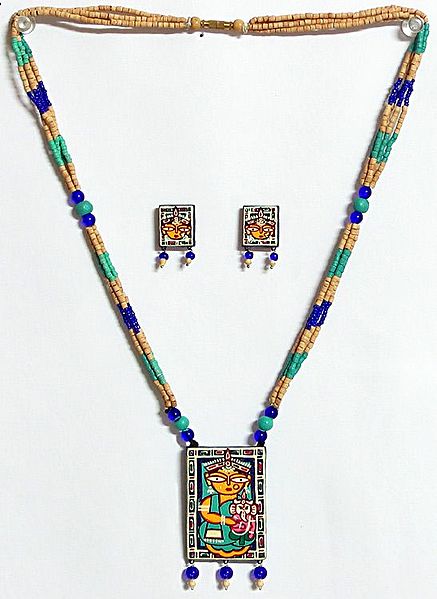 Ganesh with Parvati - Jamini Roy Painting on Terracotta Pendant and Earrings with Wooden Bead Necklace