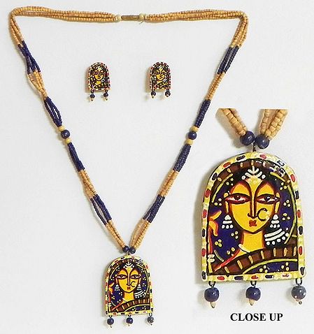 Hand Painted Woman on Terracotta Pendant and Earrings with Wgoden Bead Necklace