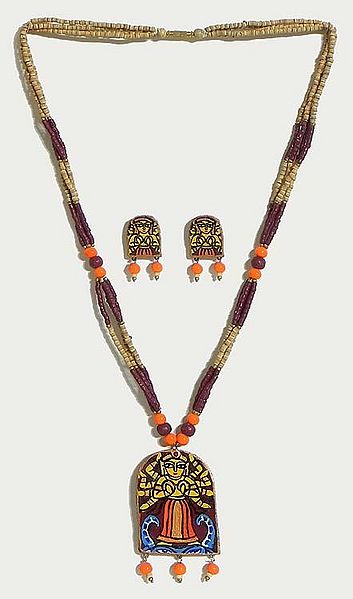 Hand Painted Terracotta Durga Pendant and Earrings with Wooden Bead Necklace