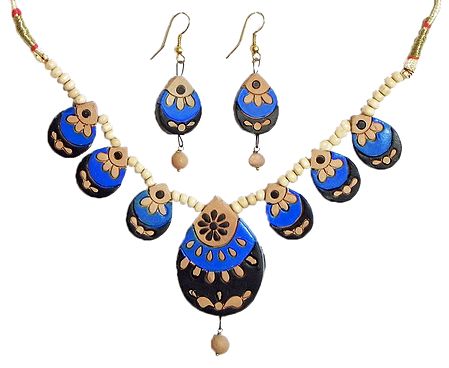 Hand Painted Blue with Black and Beige Terracotta Nacklace and Earrings