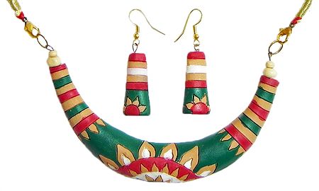 Hand Painted Multicolor Design on Green Terracotta Hansuli Necklace and Earrings
