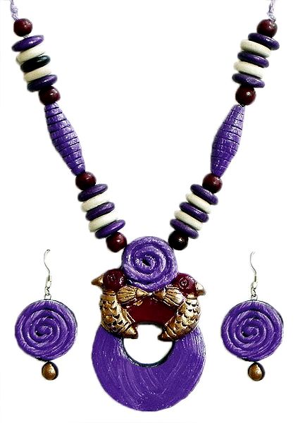 Hand Painted on Dark Mauve  Terracotta Necklace Set
