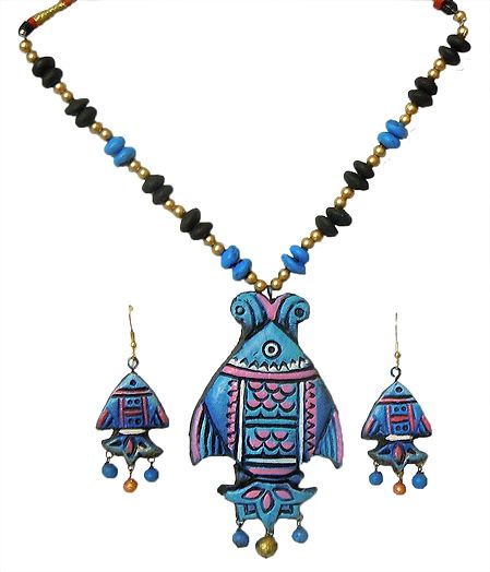 Hand Painted Blue with Pink Terracotta Necklace, Fish Pendant and Earrings