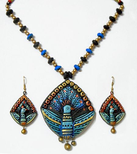 Hand Painted Blue with Golden Terracotta Necklace, Peacock Pendant and Earrings