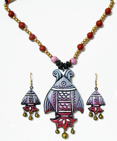 Hand Painted Mauve with Pink Terracotta Necklace, Fish Pendant and Earrings