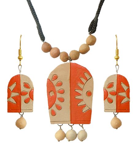 Terracotta Necklace with Hand Painted Pendant and Earrings